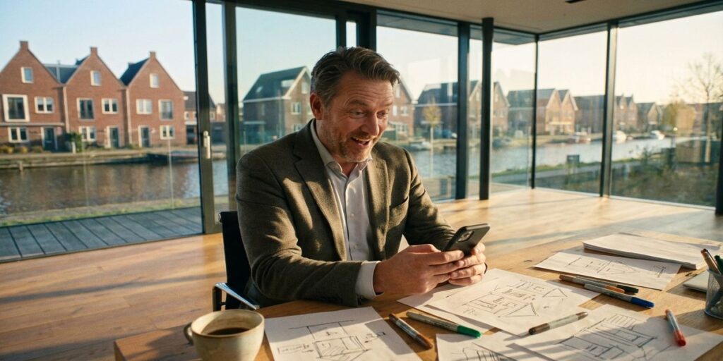 Verraste zakenman kijkt blij naar smartphone in modern Amsterdams kantoor met grachtenhuizen op achtergrond
