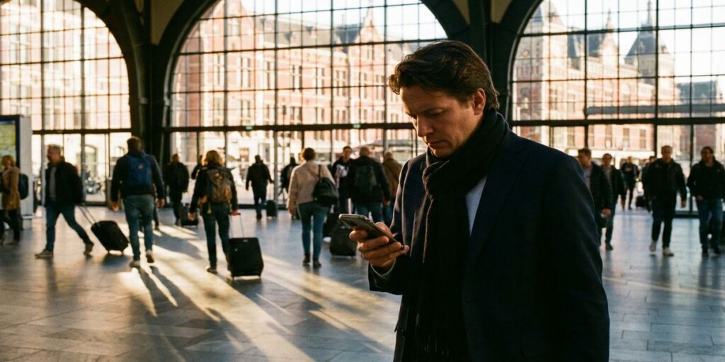 Zakenman bekijkt smartphone terwijl hij door Amsterdam Centraal loopt, reizigers met bagage op achtergrond