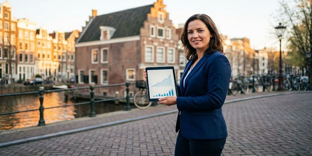 Zakenvrouw in marineblauw jasje toont groeiende grafieken op tablet bij Amsterdamse gracht met historische gevels