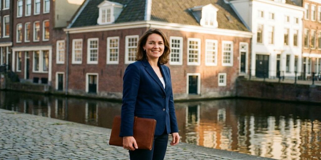 Professionele zakenvrouw in marineblauw jasje staat zelfverzekerd voor Amsterdams grachtenpand met rode bakstenen gevel