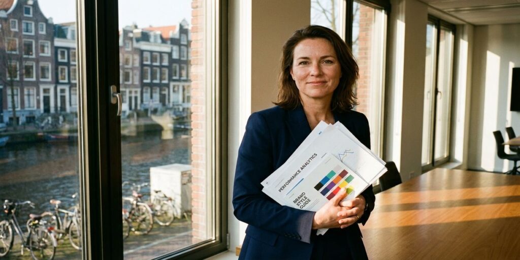 Professionele zakenvrouw in marineblauw jasje houdt analytics rapport en brand guide vast in modern Amsterdam kantoor