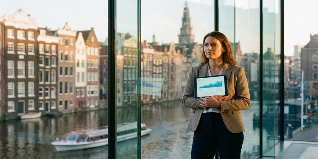 Professionele zakenvrouw met tablet vol analytics in modern Amsterdams kantoor met grachtzicht bij gouden uurtje