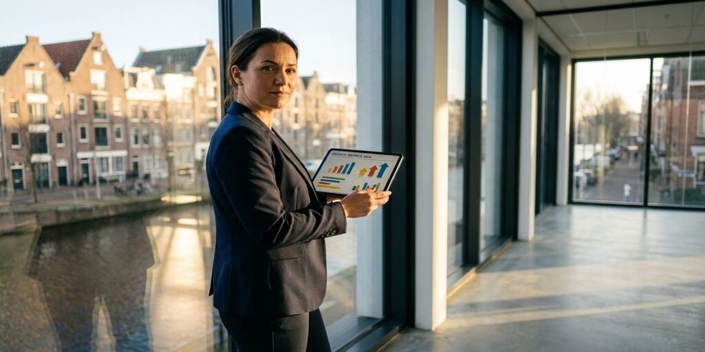 Professionele zakenvrouw met tablet vol analytics in modern Amsterdams kantoor met grachtenpanden op achtergrond