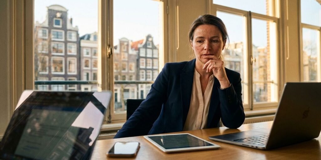 Professionele zakenvrouw overweegt beslissing aan bureau met laptop, smartphone en tablet in Amsterdam kantoor