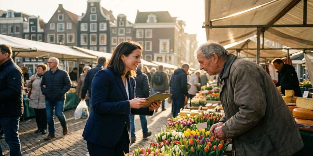 Zakenvrouw met tablet spreekt klant aan op Amsterdamse bloemenmarkt met grachtenpanden op achtergrond