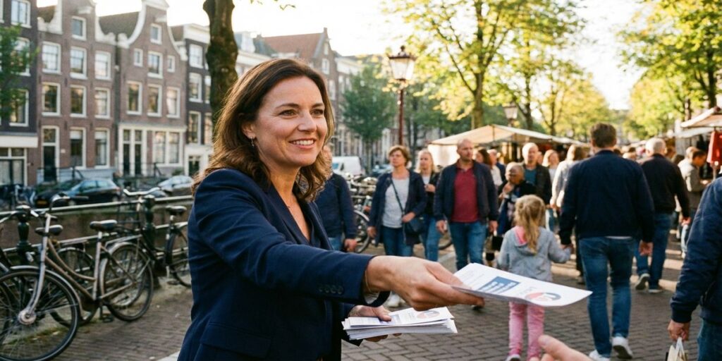 Professionele zakenvrouw deelt flyers uit op Amsterdamse markt met grachtenhuizen en fietsen op achtergrond