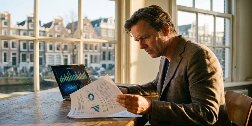 Zakenpersoon bekijkt analyserapporten aan bureau met laptop met grafieken, Amsterdam grachtenhuizen op achtergrond