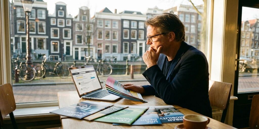 Zakenpersoon bekijkt productbrochures en klantbeoordelingen op laptop in café met Amsterdamse grachtenhuizen op achtergrond