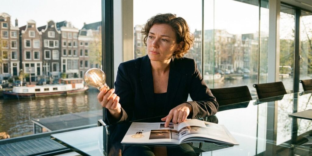 Zakenvrouw met gloeilamp wijst naar productbrochure aan vergadertafel in modern kantoor met uitzicht op Amsterdamse grachten