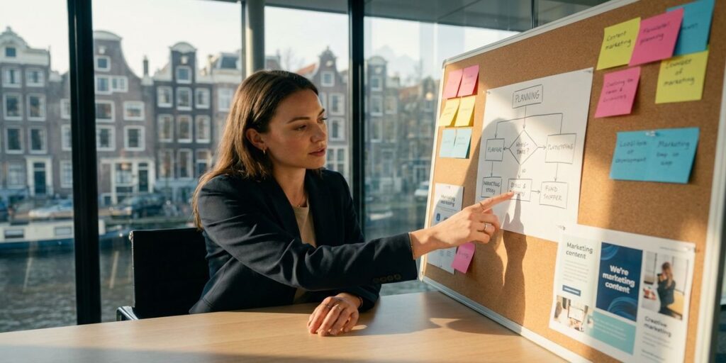 Zakenvrouw organiseert marketingstrategie met gekleurde notities op planningsbord in helder Amsterdams kantoor