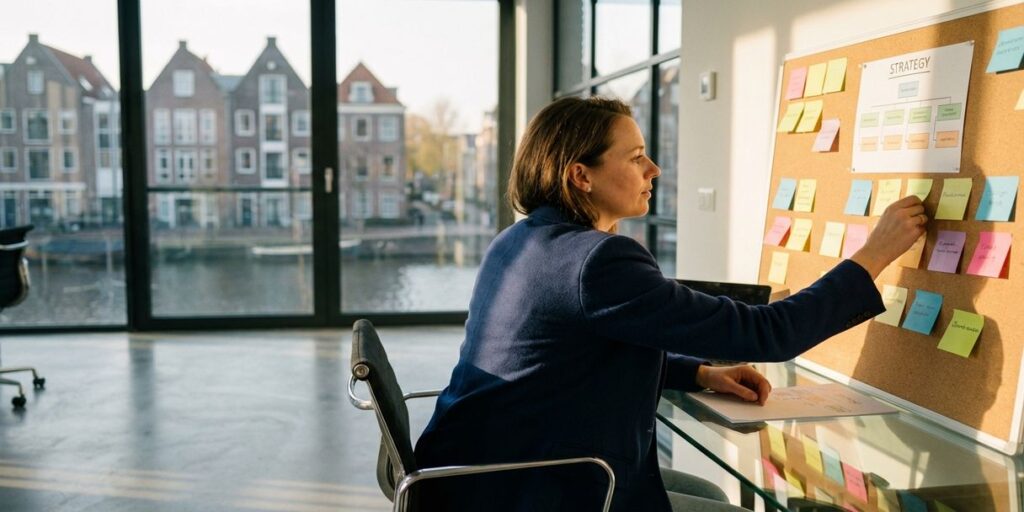 Zakenvrouw in marineblauw jasje werkt aan strategiebord in modern Amsterdams kantoor met grachtenpanden op achtergrond