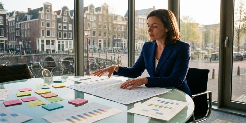 Zakenvrouw in marineblauw pak plant strategie aan glazen vergadertafel in Amsterdam kantoor met grachtenhuizen op achtergrond