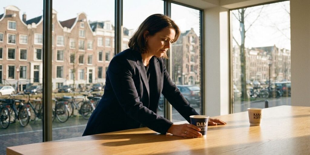 Zakenvrouw in marineblauw jasje vergelijkt koffiemerken op houten bureau in modern Amsterdams kantoor
