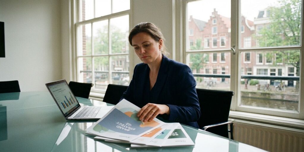 Zakenvrouw in marineblauw jasje werkt aan marketingdocumenten aan glazen vergadertafel, Amsterdam grachten op achtergrond