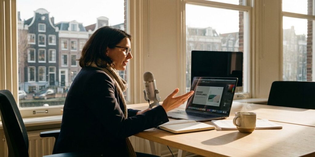 Zakenvrouw spreekt in microfoon aan bureau in Amsterdam kantoor met grachtenhuizen op achtergrond