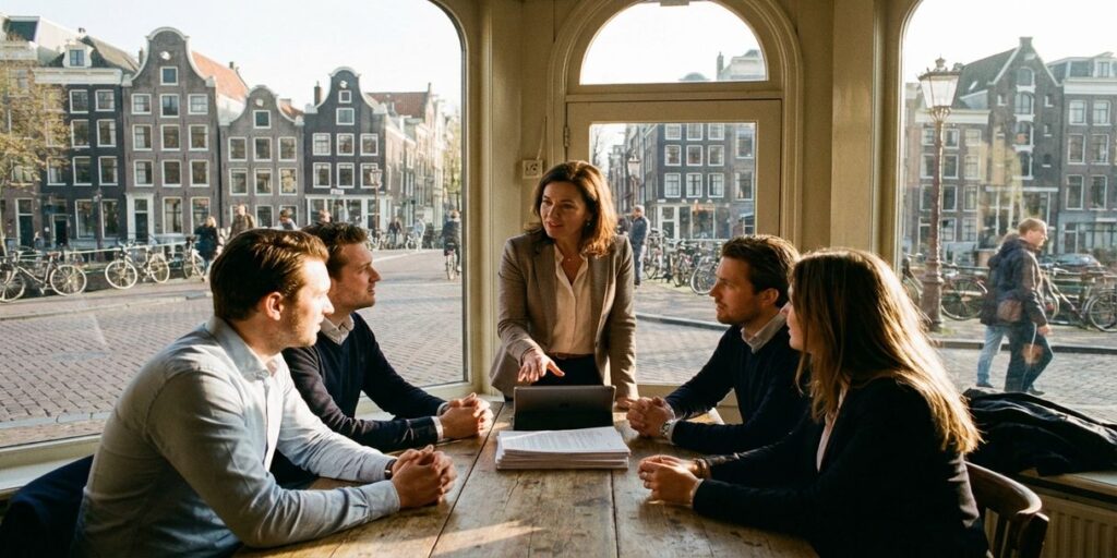 Zakenvrouw presenteert marketingvoorstel aan diverse klanten in Amsterdams straatcafé met grachtenhuizen op achtergrond