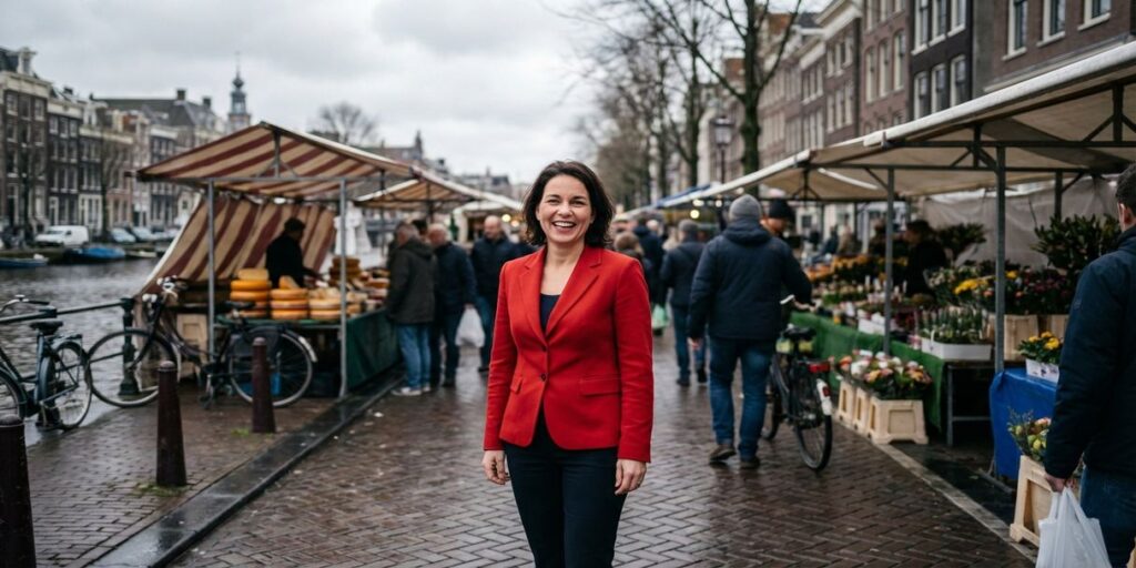 Zakenvrouw in rode blazer staat zelfverzekerd op drukke Amsterdamse markt met traditionele kramen op natte kasseien