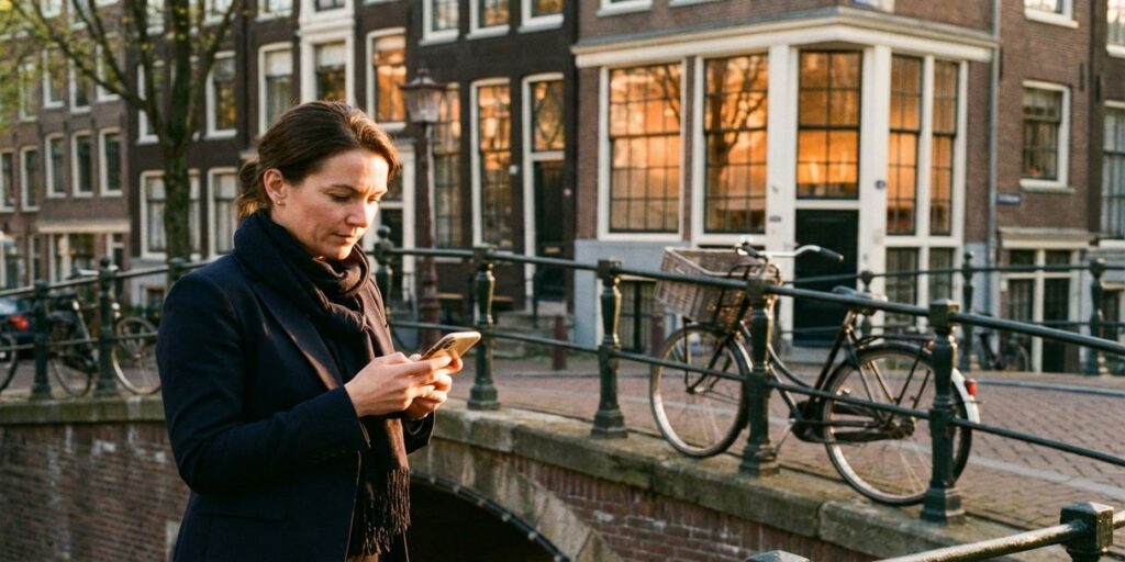 Zakenvrouw controleert smartphone op Amsterdamse gracht bij zonsondergang met traditionele Nederlandse huizen op achtergrond