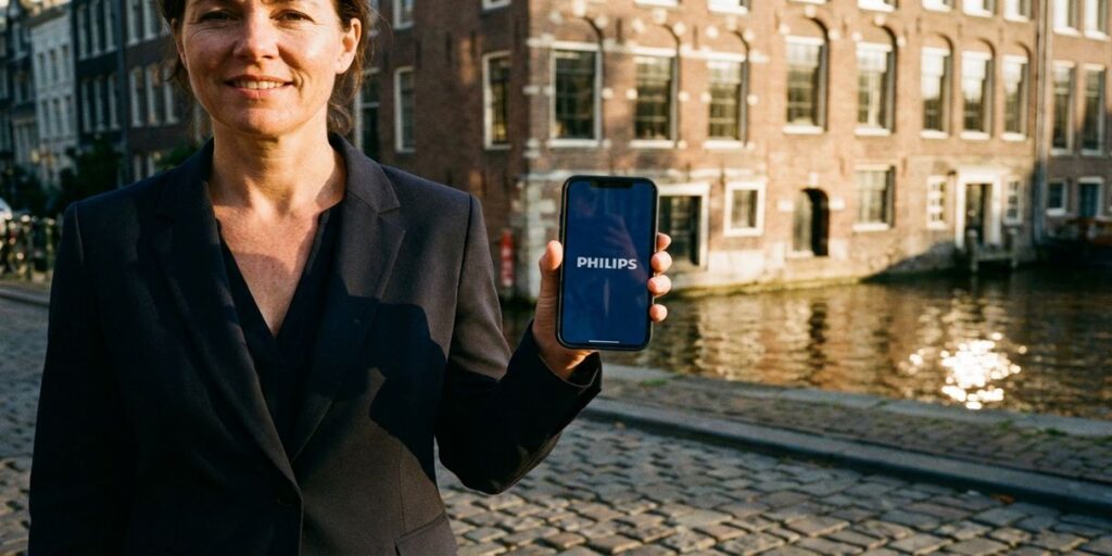 Zakenvrouw met smartphone voor historisch Amsterdams grachtenpand met trapgevels bij gouden uurtje