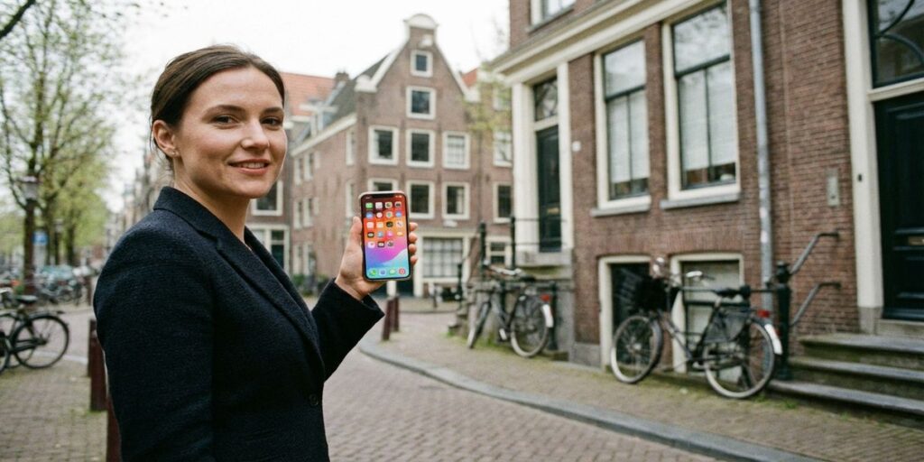 Professionele zakenvrouw met smartphone toont kleurrijke merklogo's voor klassiek Amsterdams grachtenpand met trapgevel