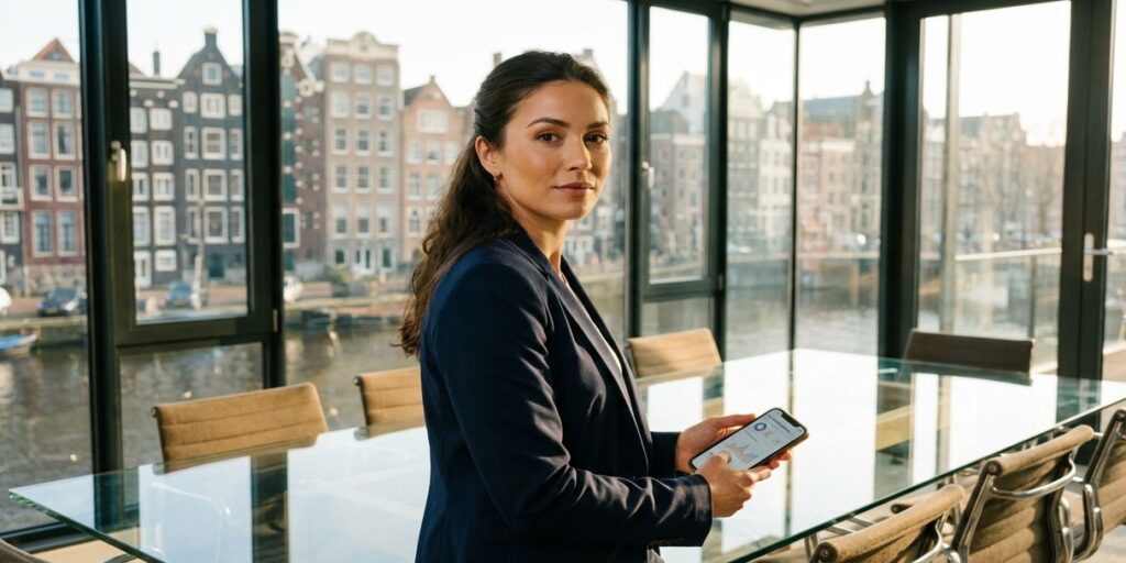 Professionele zakenvrouw met smartphone toont social media analytics in modern Amsterdam kantoor met grachtenhuizen