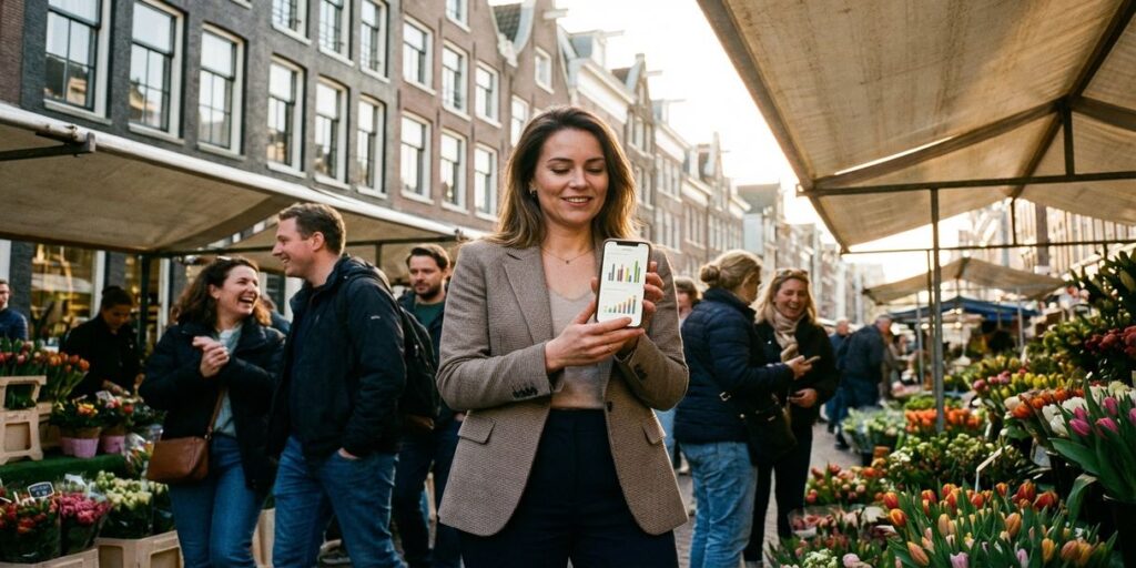Zakenvrouw met smartphone toont social media analytics op drukke Amsterdamse bloemenmarkt met kleurrijke kramen
