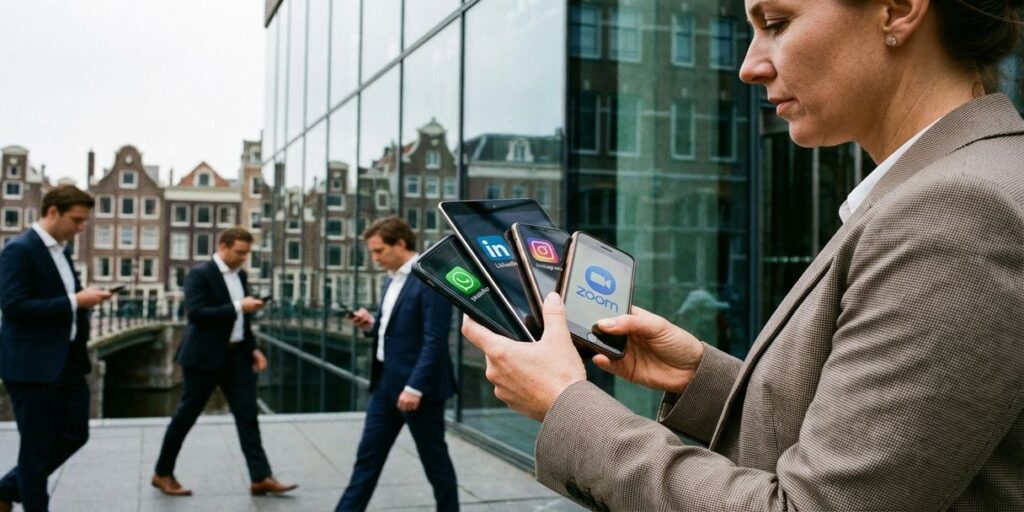 Zakenvrouw met smartphones en tablets bij modern kantoorgebouw in Amsterdam met reflectie van grachtenhuizen