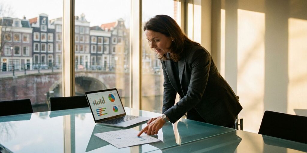 Professionele zakenvrouw wijst naar strategiedocument aan glazen vergadertafel met laptop in Amsterdam kantoor