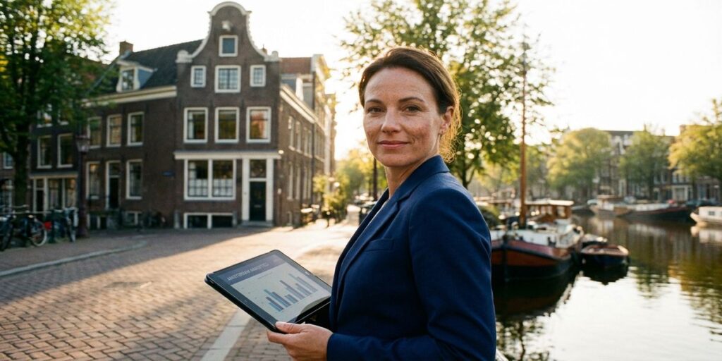 Professionele zakenvrouw met tablet toont analytics voor Amsterdamse gracht met traditionele grachtenpanden