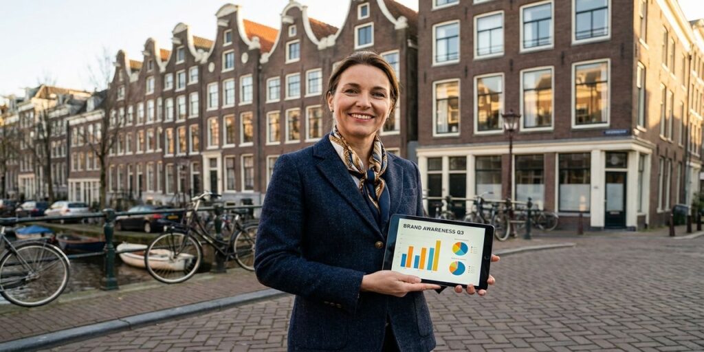 Professionele zakenvrouw met tablet vol grafieken staat voor Amsterdams grachtenpand met traditionele gevels