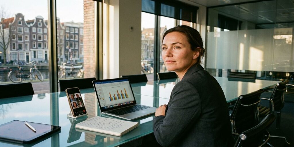 Professionele zakenvrouw aan vergadertafel met laptop, smartphone en tablet in modern Amsterdam kantoor met grachtenhuizen